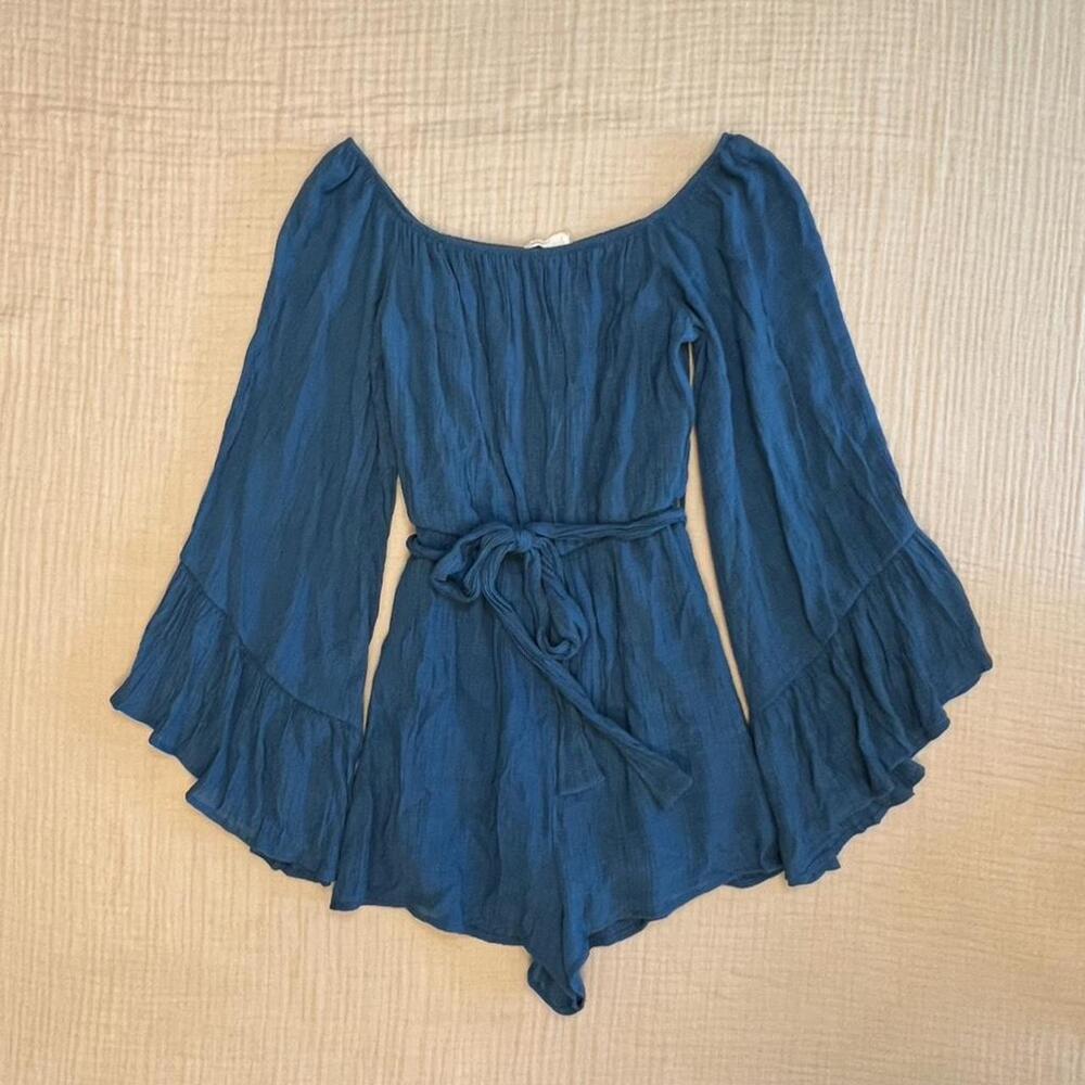 Altar'd State teal off the shoulder romper with tie waist and batwing sleeves